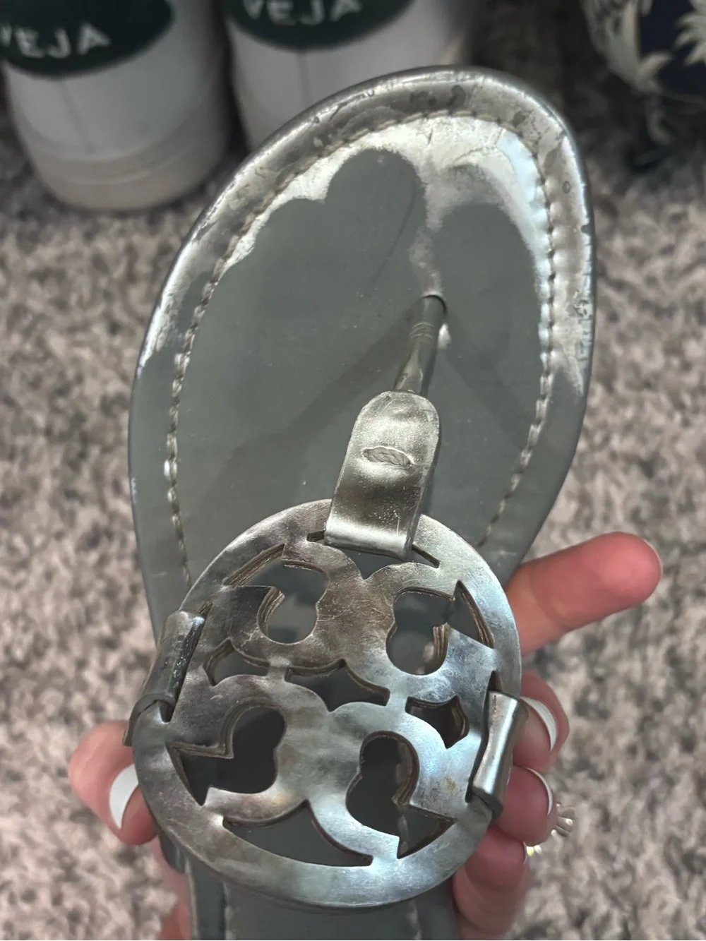 Tory Burch Silver Metallic Logo Thong Sandals